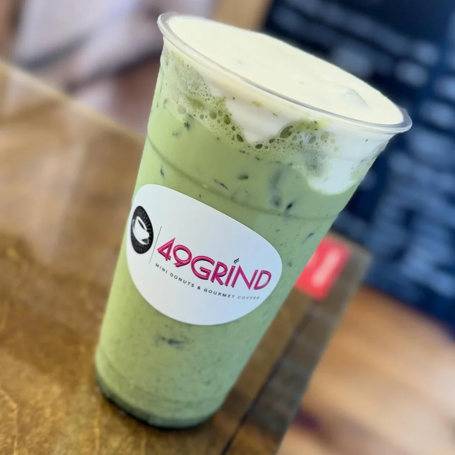Matcha latte at 49 Grind coffee shop Flora MS